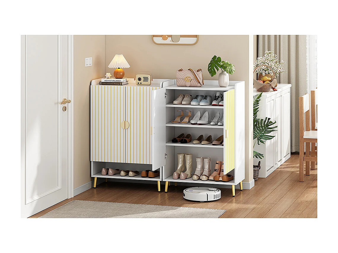 Set de 2 Meuble à chaussures moderne à deux portes meuble d'entrée rangement en MDF à 3 niveaux blanc avec tiroir inférieur ouvert blanc