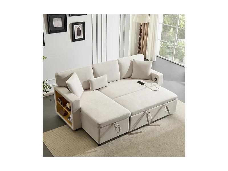 Canapé d'angle canapé convertible coffre de rangement et étagère intégrée blanc