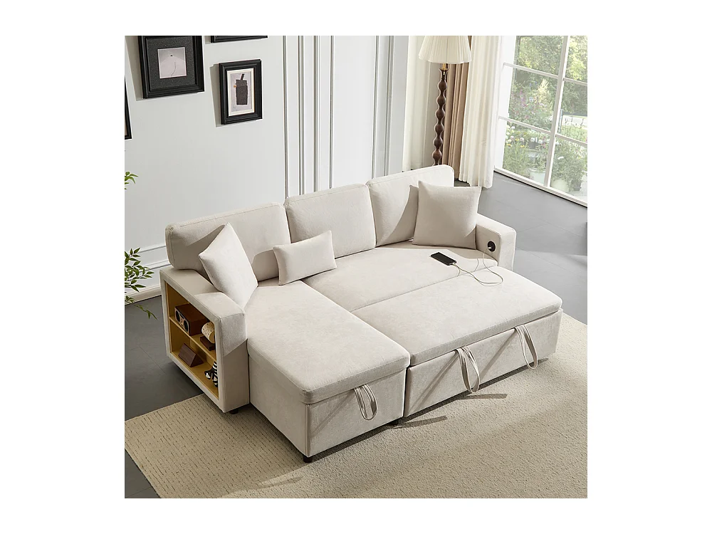 Canapé d'angle canapé convertible coffre de rangement et étagère intégrée blanc