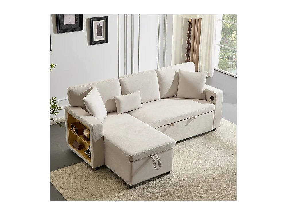 Canapé d'angle canapé convertible coffre de rangement et étagère intégrée blanc