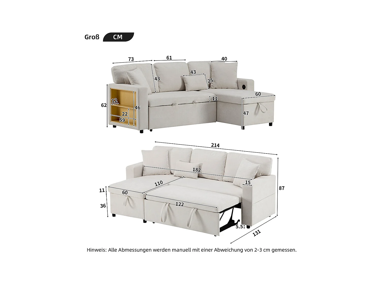 Canapé d'angle canapé convertible coffre de rangement et étagère intégrée blanc