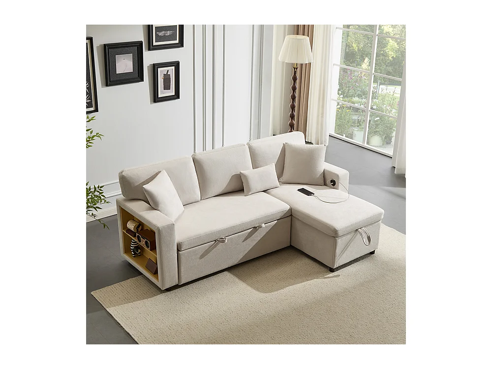 Canapé d'angle canapé convertible coffre de rangement et étagère intégrée blanc