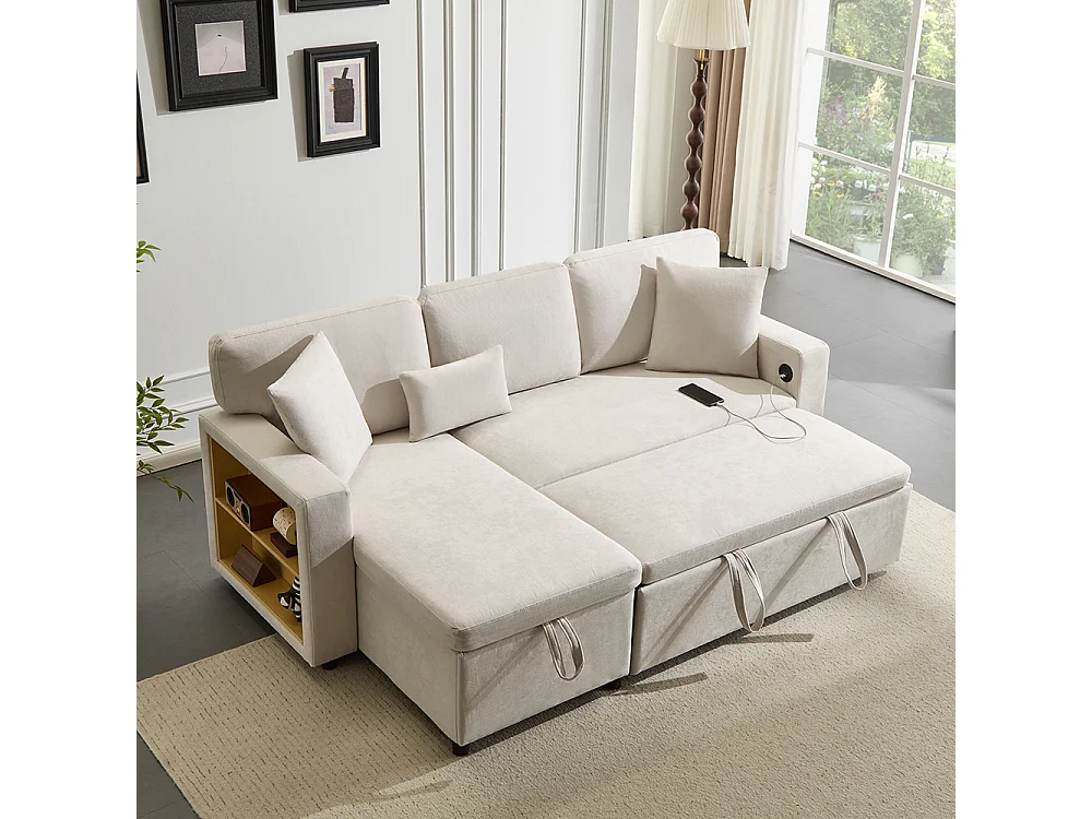 Canapé d'angle canapé convertible coffre de rangement et étagère intégrée blanc