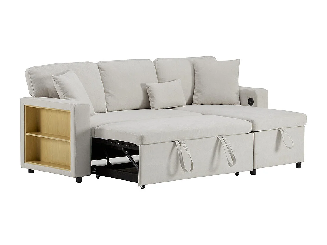 Canapé d'angle canapé convertible coffre de rangement et étagère intégrée blanc