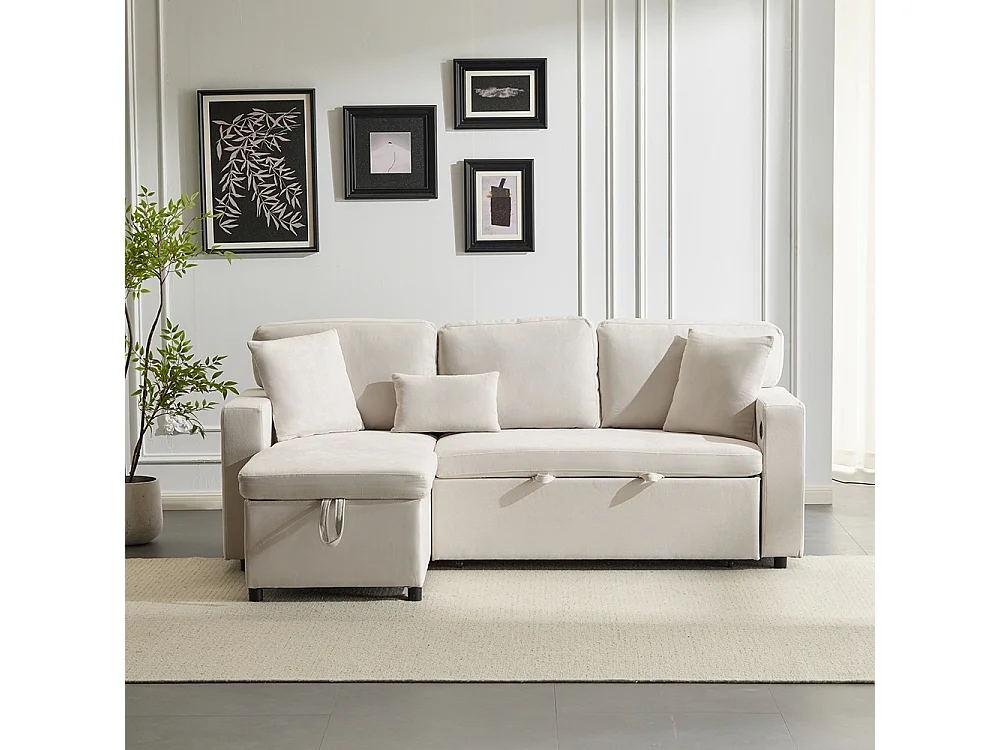 Canapé d'angle canapé convertible coffre de rangement et étagère intégrée blanc