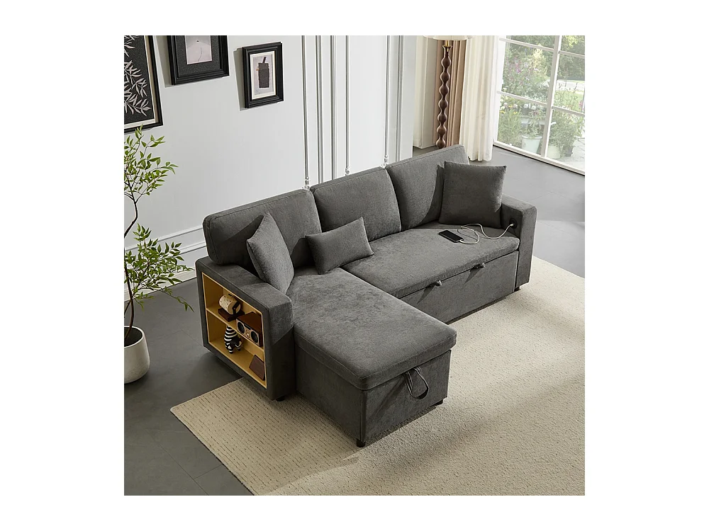 Canapé d'angle canapé convertible coffre de rangement et étagère intégrée gris foncé