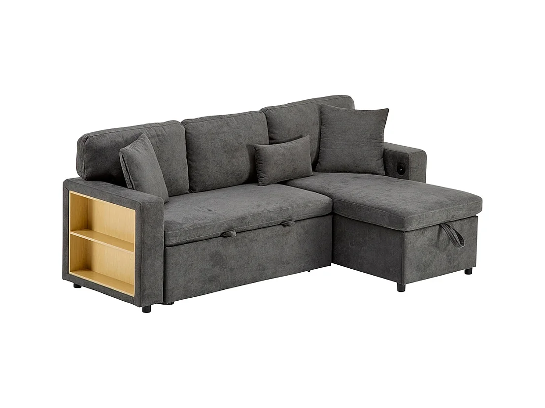 Canapé d'angle canapé convertible coffre de rangement et étagère intégrée gris foncé