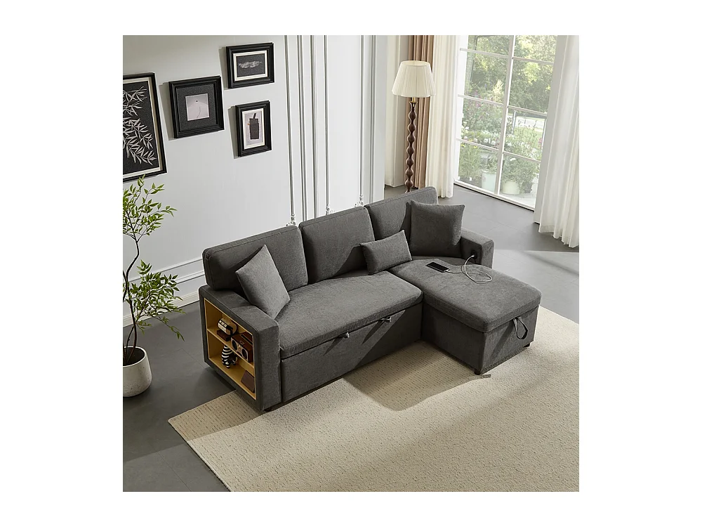 Canapé d'angle canapé convertible coffre de rangement et étagère intégrée gris foncé