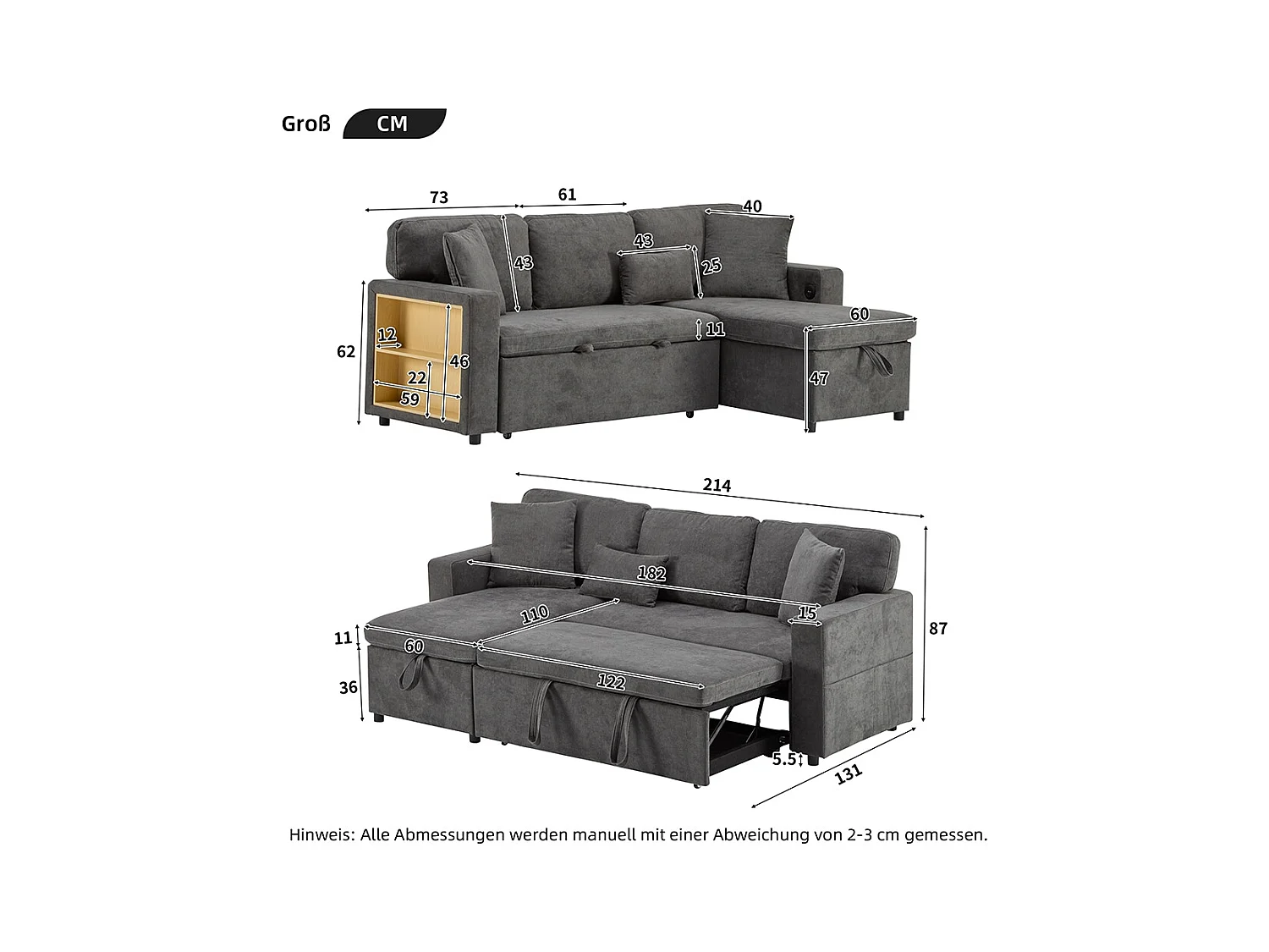 Canapé d'angle canapé convertible coffre de rangement et étagère intégrée gris foncé