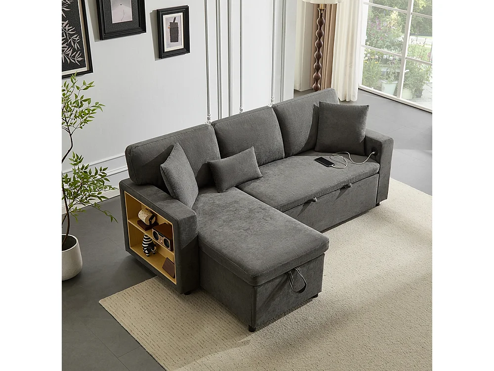 Canapé d'angle canapé convertible coffre de rangement et étagère intégrée gris foncé