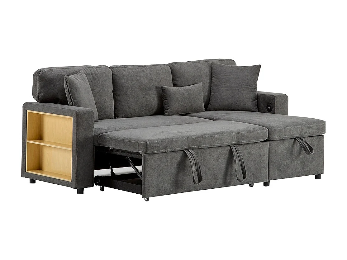 Canapé d'angle canapé convertible coffre de rangement et étagère intégrée gris foncé