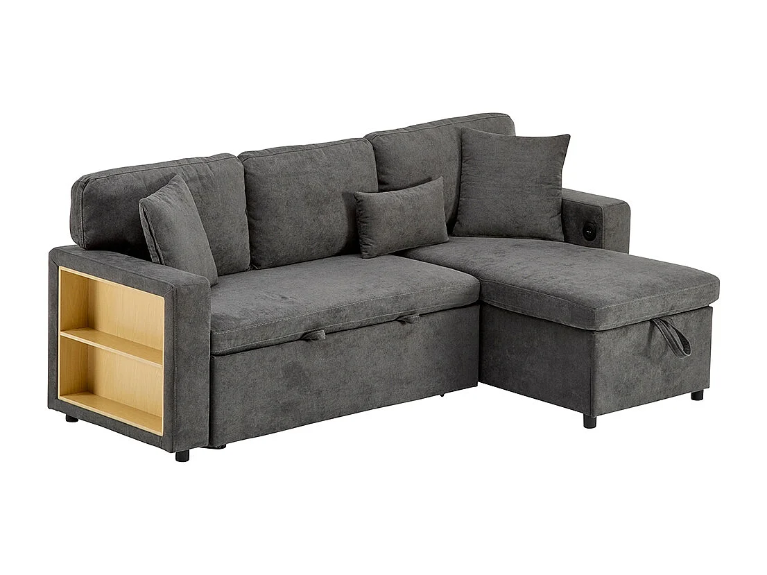 Canapé d'angle canapé convertible coffre de rangement et étagère intégrée gris foncé