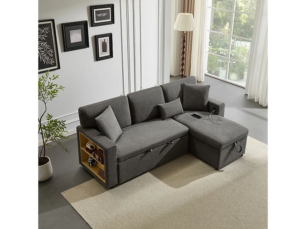 Canapé d'angle canapé convertible coffre de rangement et étagère intégrée gris foncé