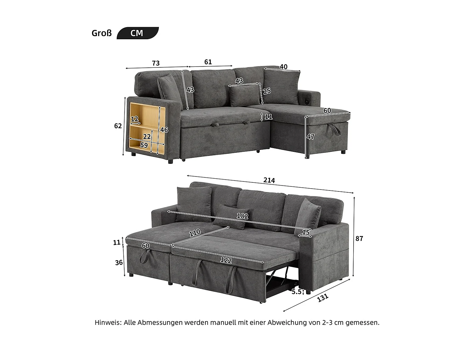 Canapé d'angle canapé convertible coffre de rangement et étagère intégrée gris foncé