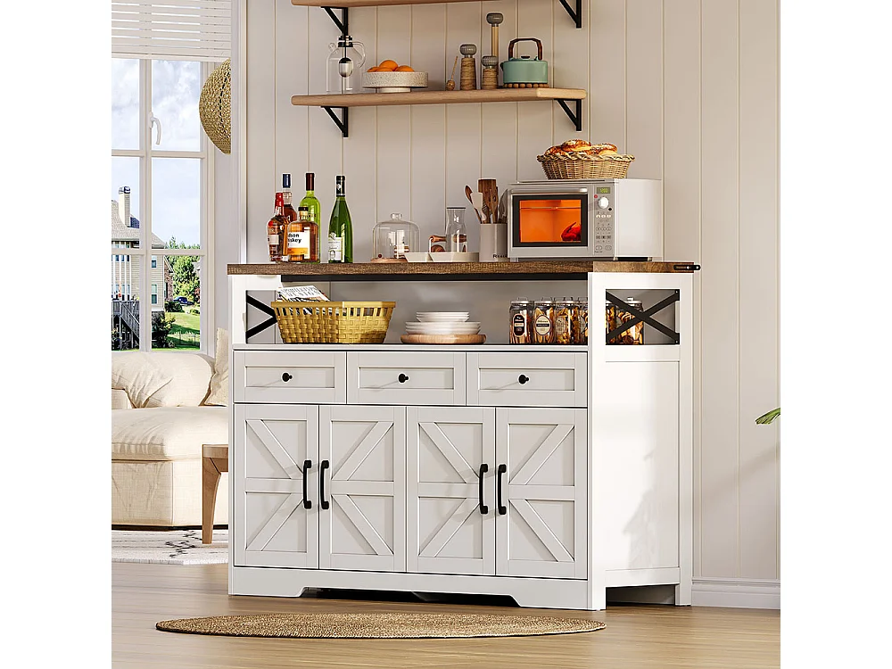 Buffet avec espace de rangement bar à café avec 3 tiroirs console de style cottage avec portes armoires avec étagères blanc