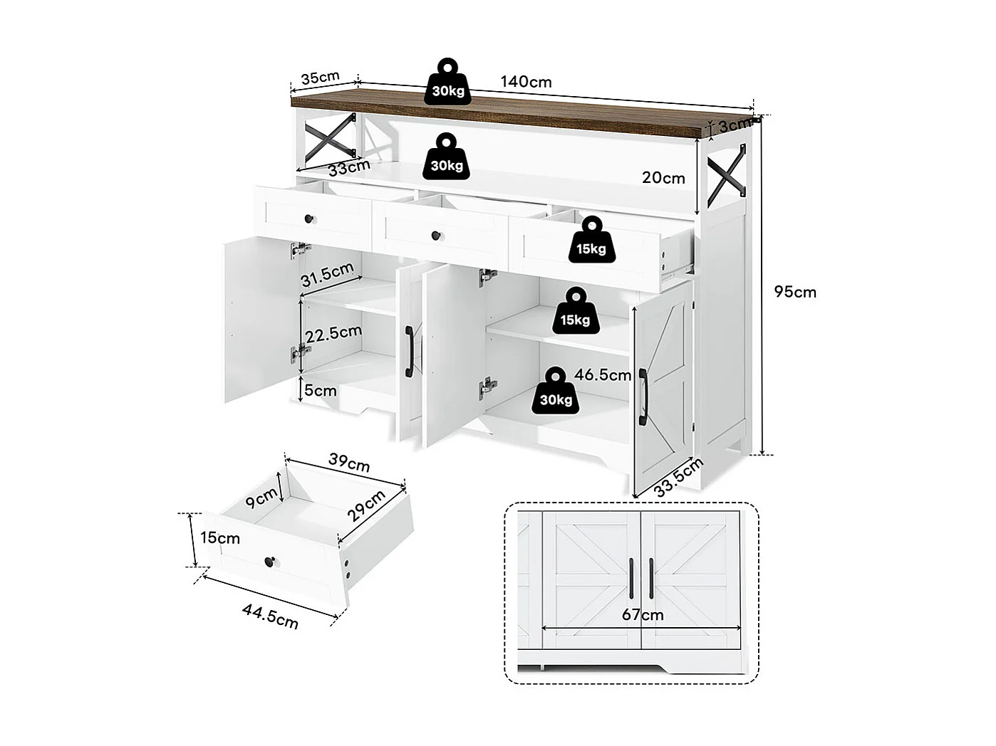 Buffet avec espace de rangement bar à café avec 3 tiroirs console de style cottage avec portes armoires avec étagères blanc