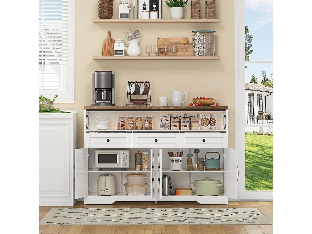 Buffet avec espace de rangement bar à café avec 3 tiroirs console de style cottage avec portes armoires avec étagères blanc