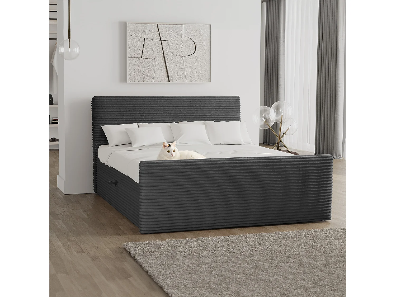 Lit boxspring avec sommier et surmatelas TRENTO tissu peluche cordon 160x200 cm graphite H3-Bonell