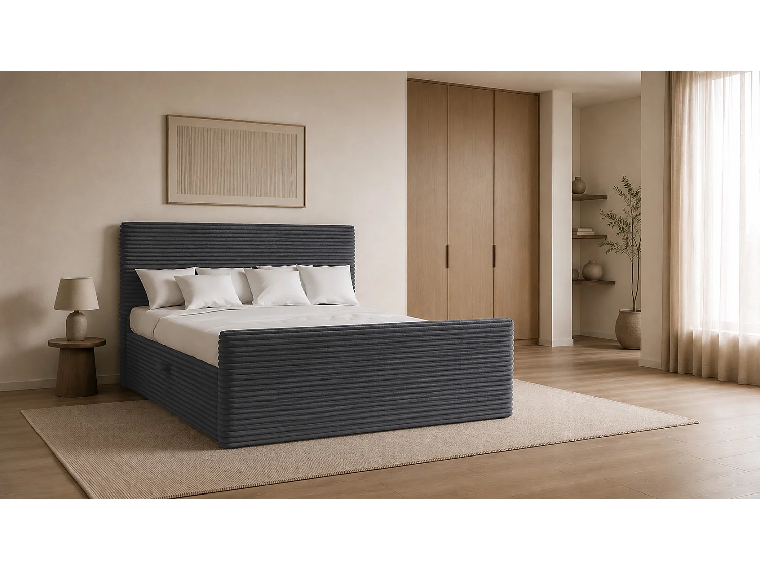 Boxspringbett mit bettkasten und topper TRENTO stoff  Plüsch Cord 160x200 cm Graphit H3-Bonell