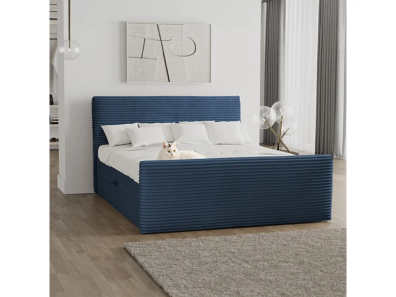 Letto box spring con contenitore e topper TRENTO tessuto peluche cordoncino 120x200 cm blu scuro H3-Bonell