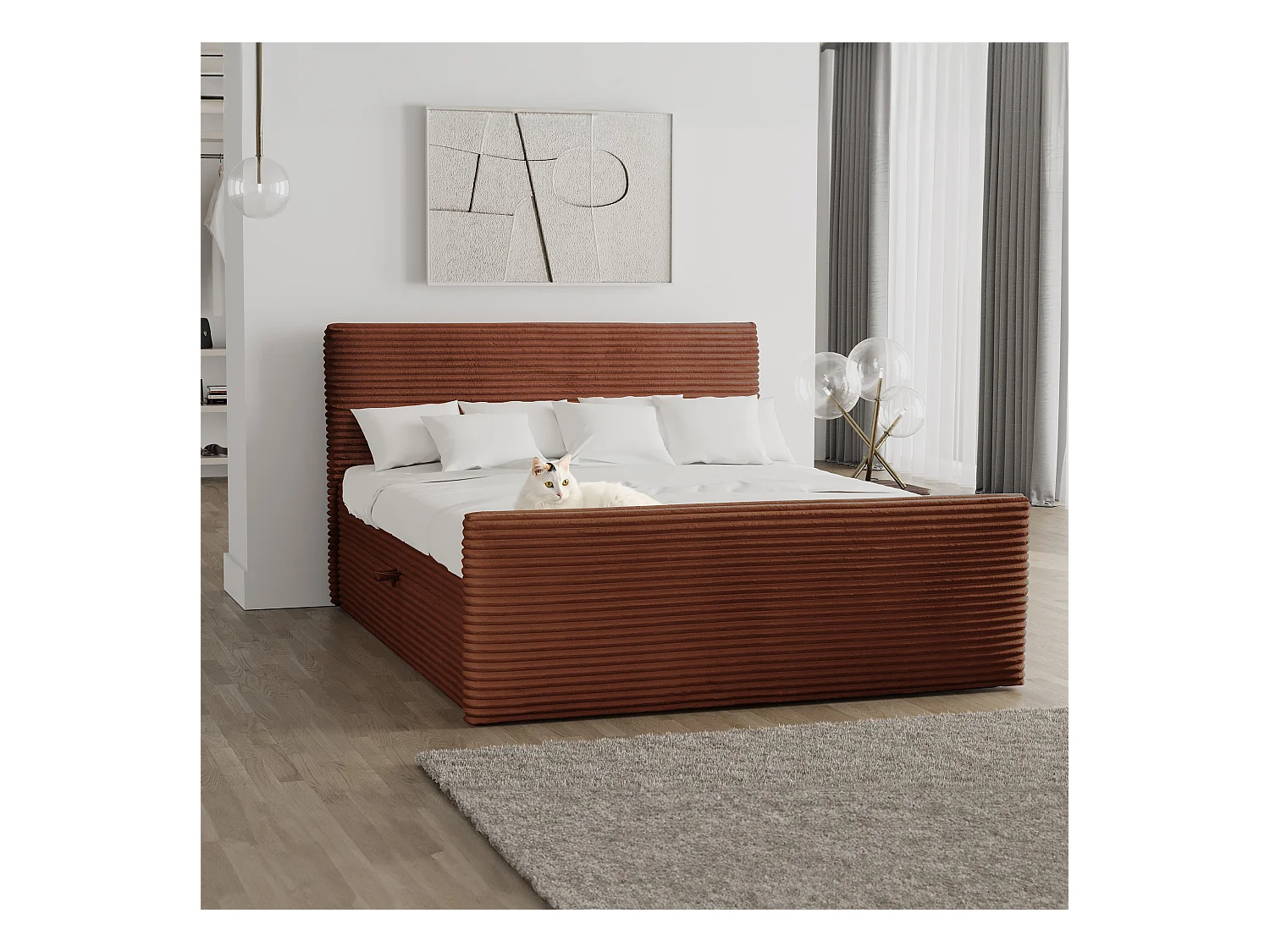 Letto box spring con contenitore e topper TRENTO tessuto peluche cordoncino 200x200 cm rame H3-Bonell