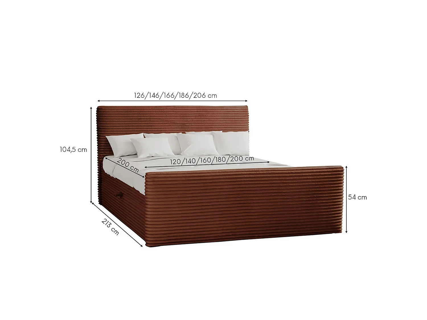 Boxspringbett mit bettkasten und topper TRENTO stoff  Plüsch Cord 200x200 cm Kupfer H3-Bonell