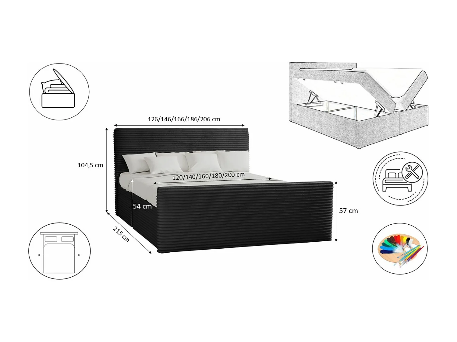 Lit à sommier tapissier avec sommier et surmatelas TRENTO en tissu peluche 120x200 cm noir H3-Bonell