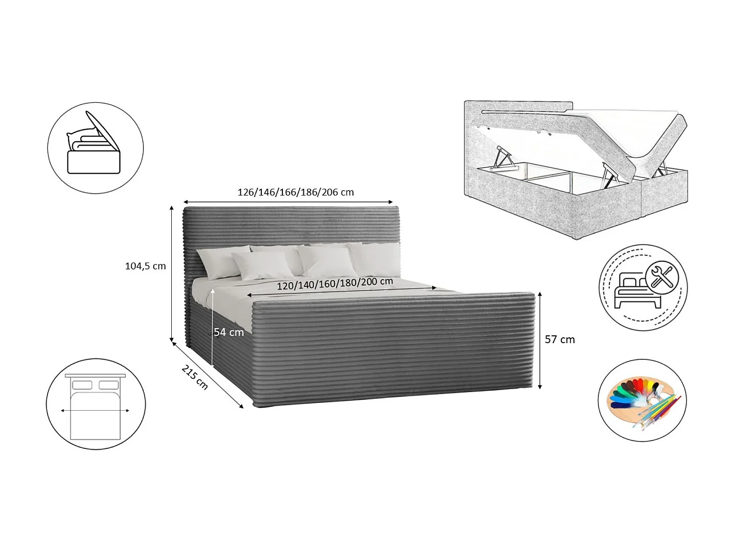 Lit à sommier tapissier avec sommier et surmatelas TRENTO en tissu peluche 180x200 cm gris foncé H3-Bonell