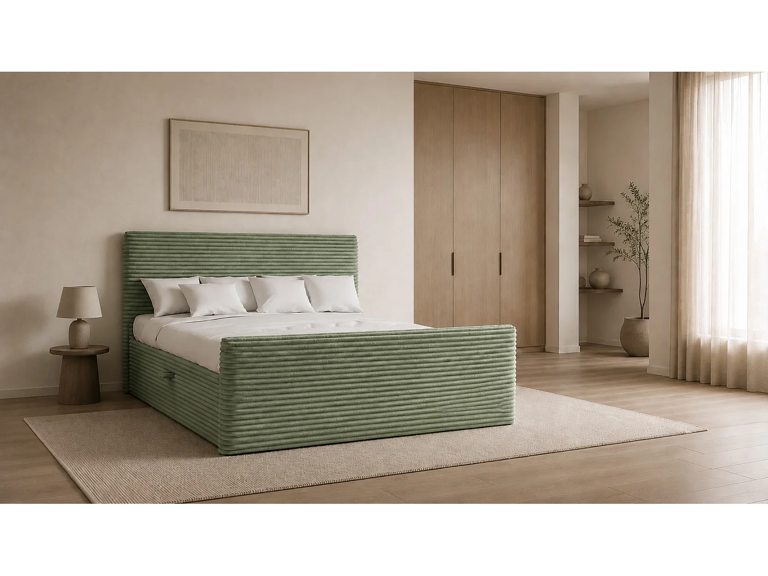 Boxspringbett mit bettkasten und topper TRENTO stoff  Plüsch Cord 180x200 cm Olive H3-Bonell