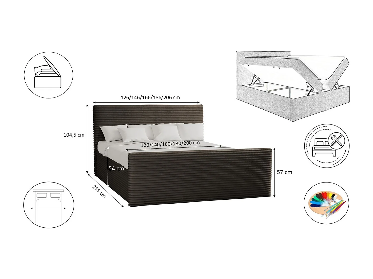 Lit à sommier tapissier avec sommier et surmatelas TRENTO en tissu peluche 120x200 cm marron H3-Bonell