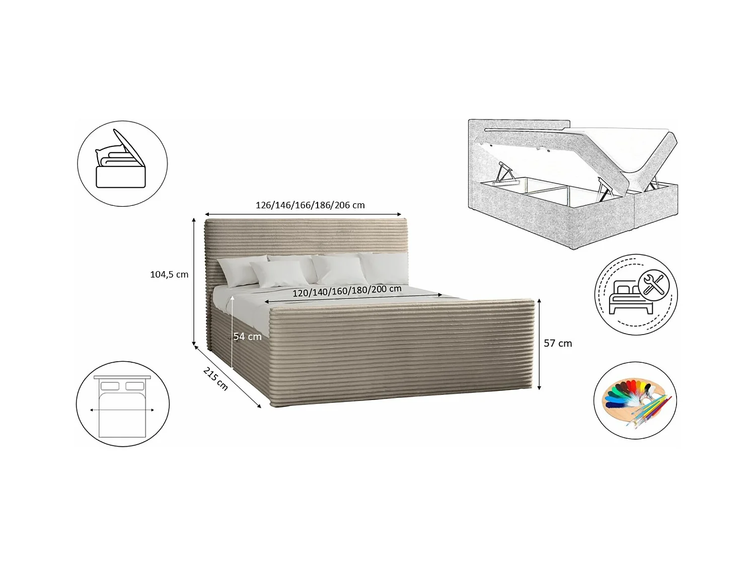 Lit boxspring avec sommier et surmatelas TRENTO tissu peluche cordon 180x200 cm beige H3-Bonell