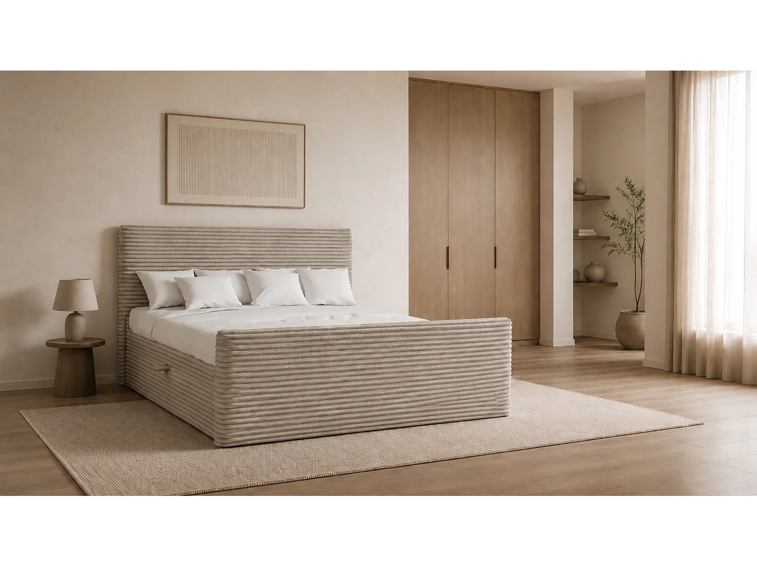 Boxspringbett mit bettkasten und topper TRENTO stoff  Plüsch Cord 180x200 cm Beige H3-Bonell