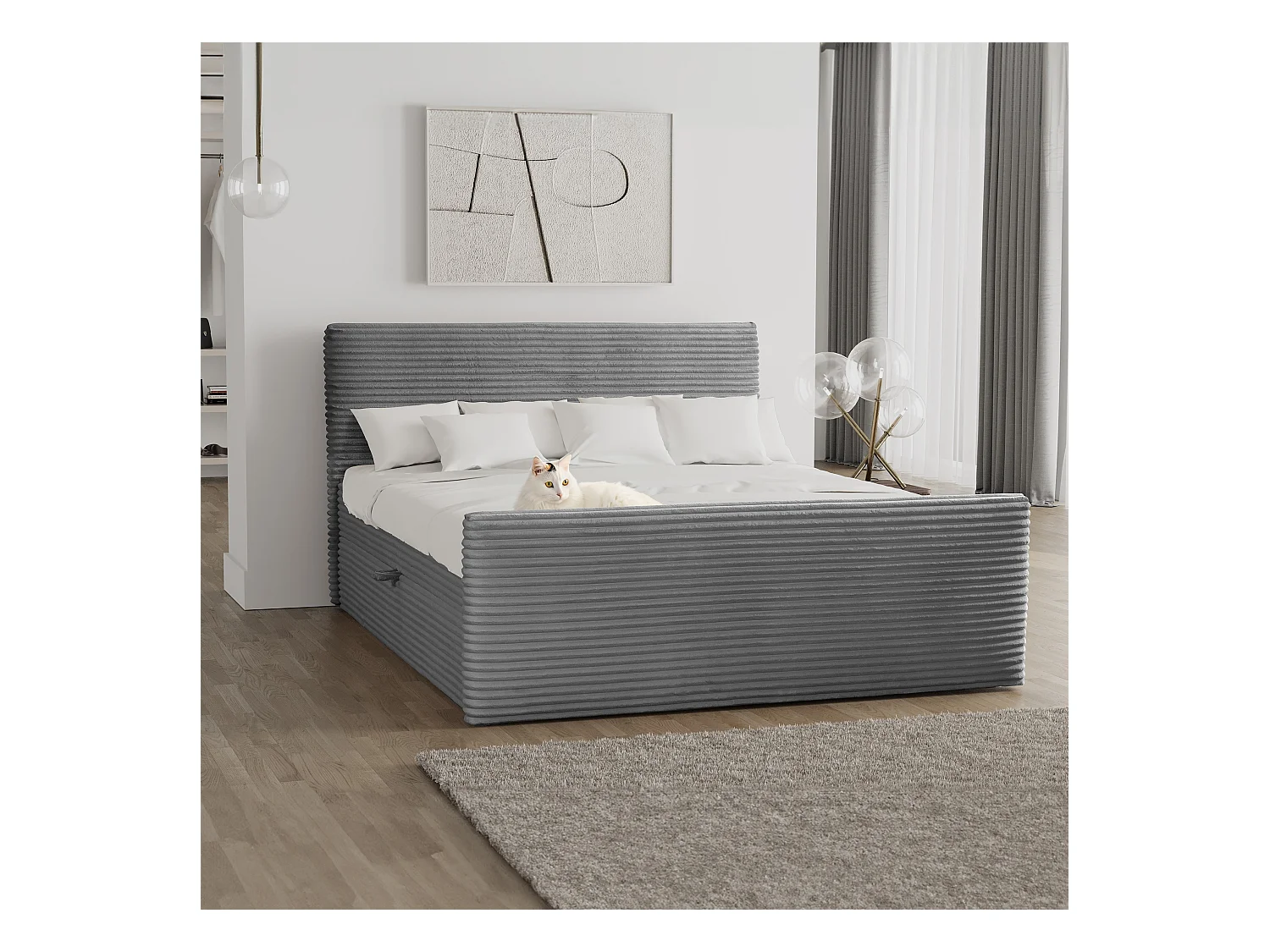 Letto box spring con contenitore e topper TRENTO tessuto peluche cordoncino 180x200 cm grigio H3-Bonell