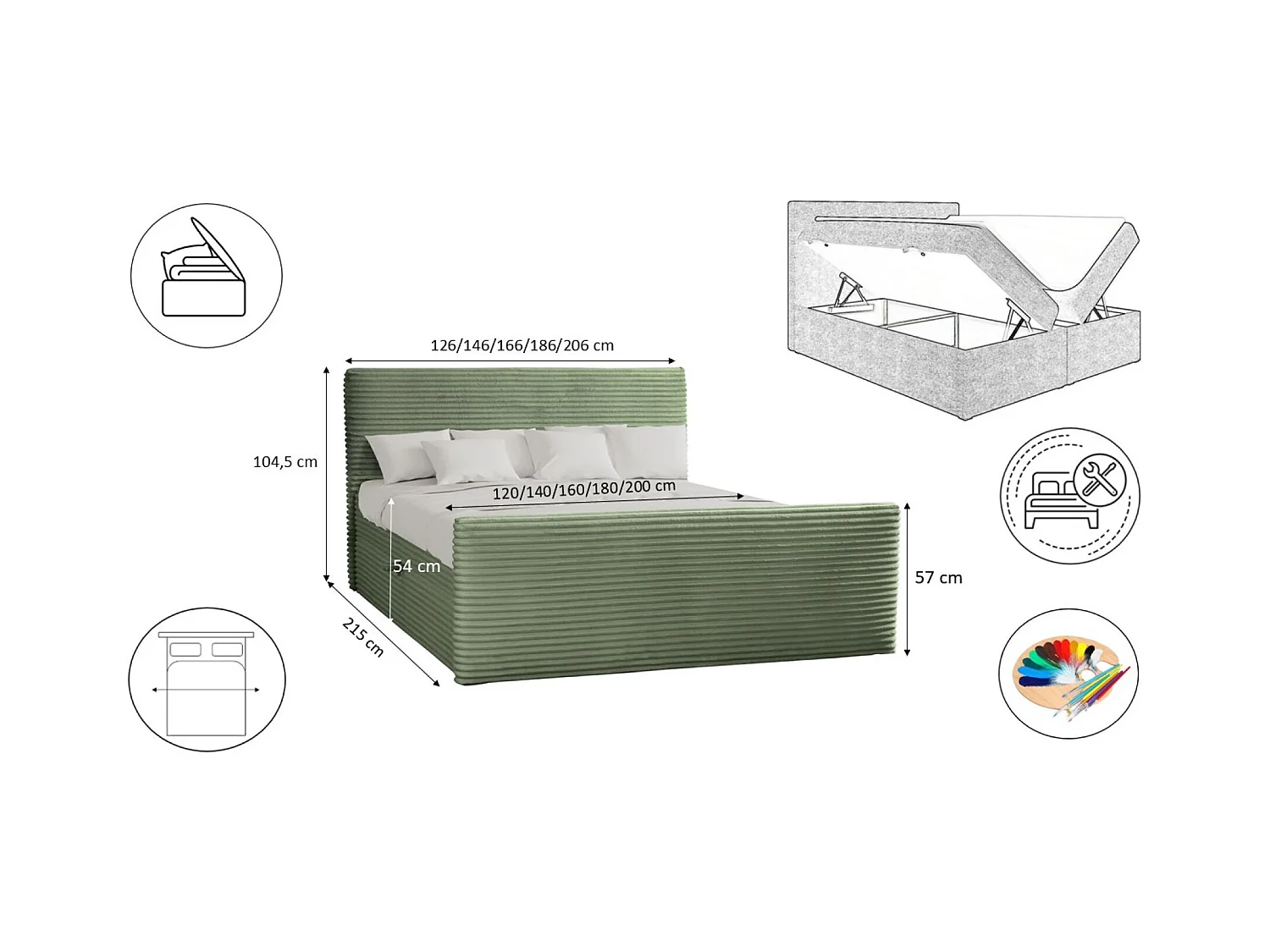 Lit à sommier tapissier avec sommier et surmatelas TRENTO en tissu peluche 160x200 cm Olive H3-Bonell