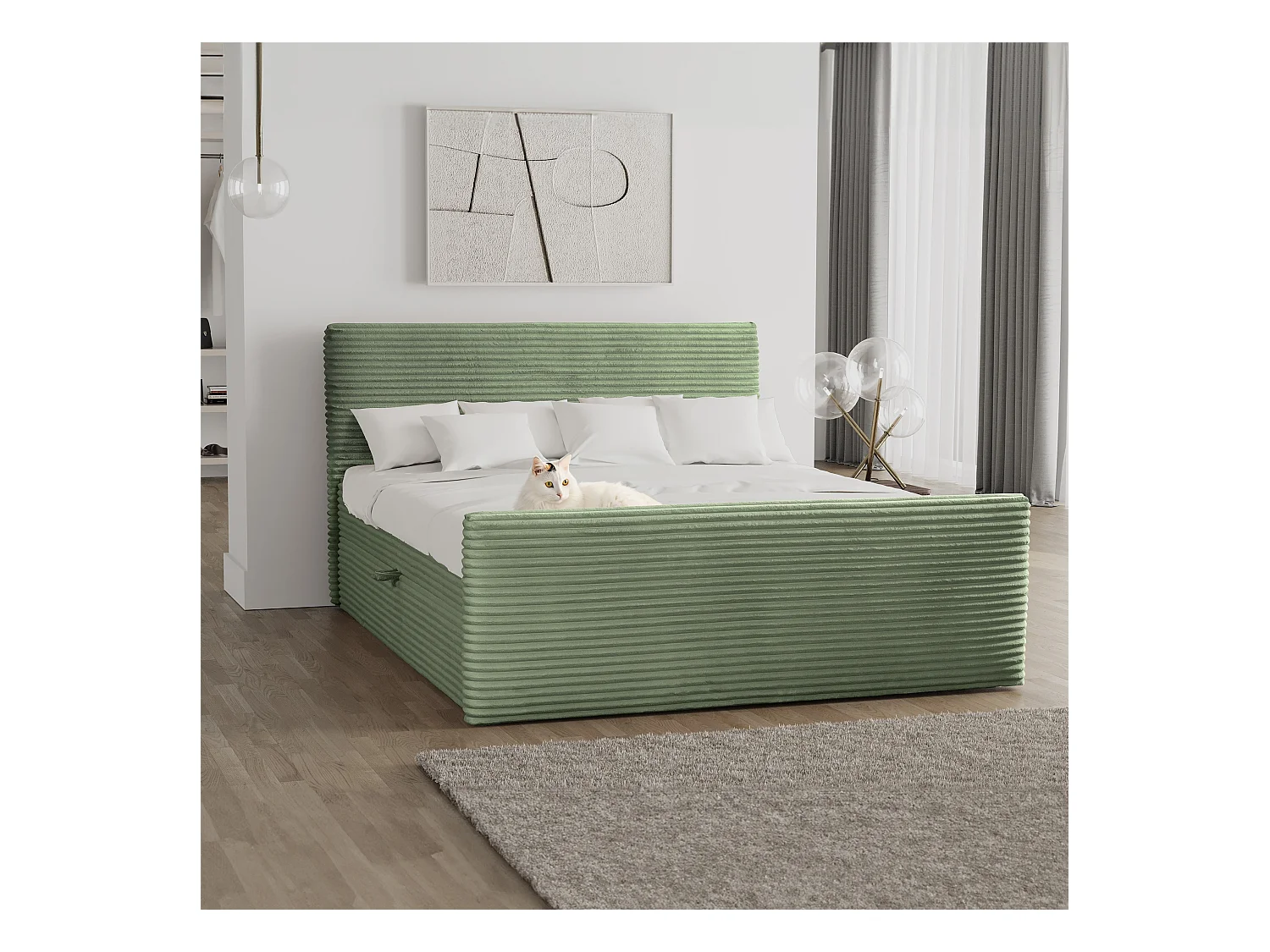 Letto box spring con contenitore e topper TRENTO tessuto peluche cordoncino 160x200 cm Olive H3-Bonell