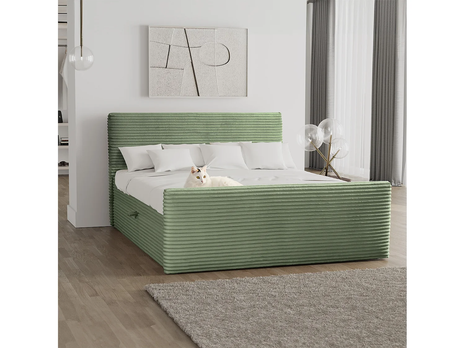 Lit à sommier tapissier avec sommier et surmatelas TRENTO en tissu peluche 160x200 cm Olive H3-Bonell