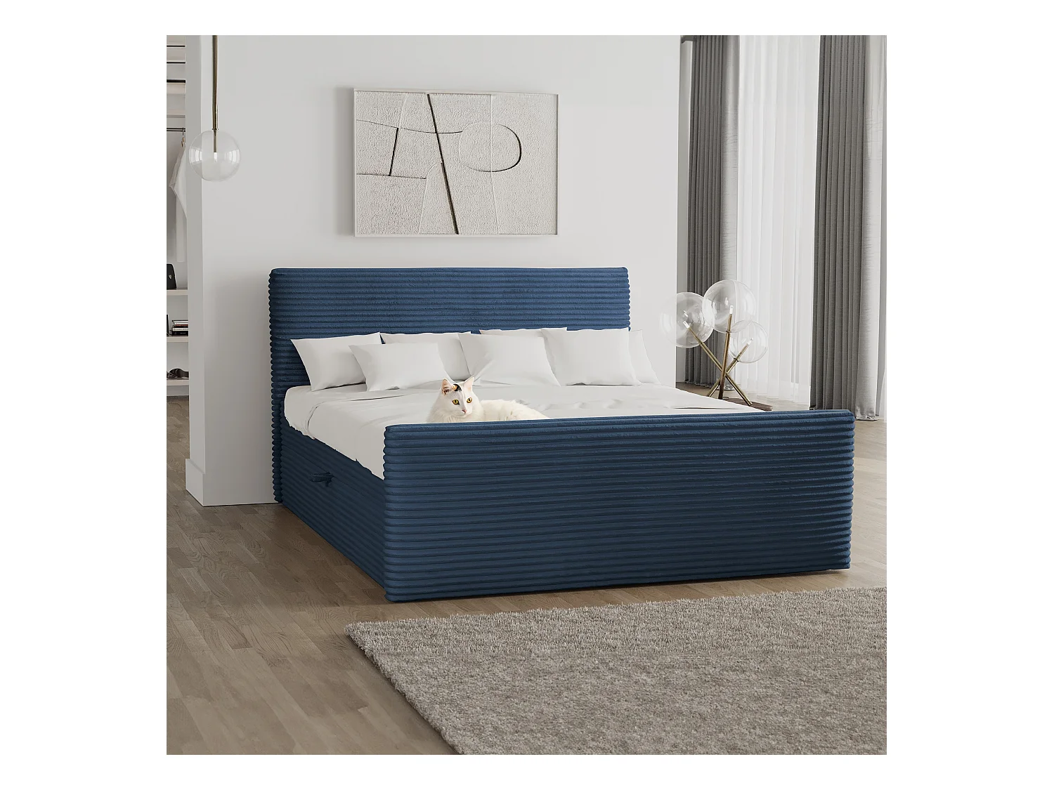 Lit à sommier tapissier avec sommier et surmatelas TRENTO en tissu peluche 200x200 cm bleu foncé H3-Bonell