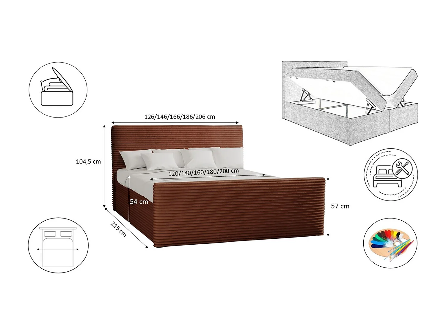 Lit à sommier tapissier avec sommier et surmatelas TRENTO tissu peluche cordon 180x200 cm cuivre H3-Bonell