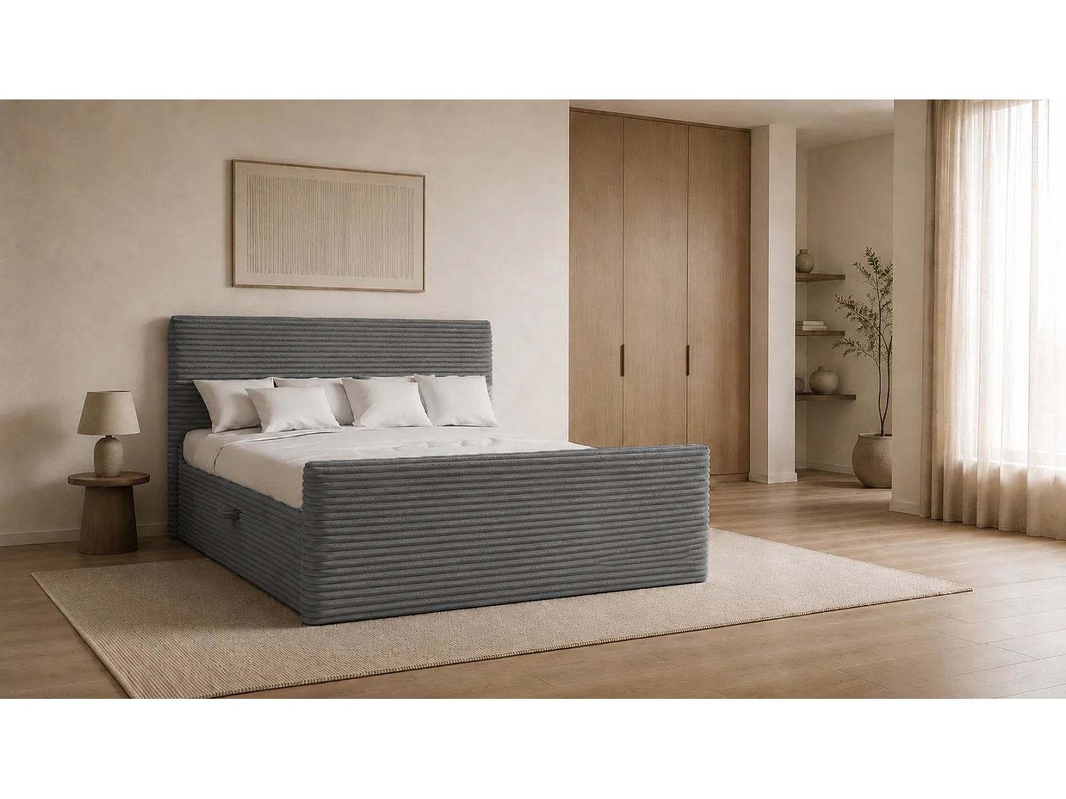 Boxspringbett mit bettkasten und topper TRENTO stoff  Plüsch Cord 200x200 cm Dunkelgrau H3-Bonell