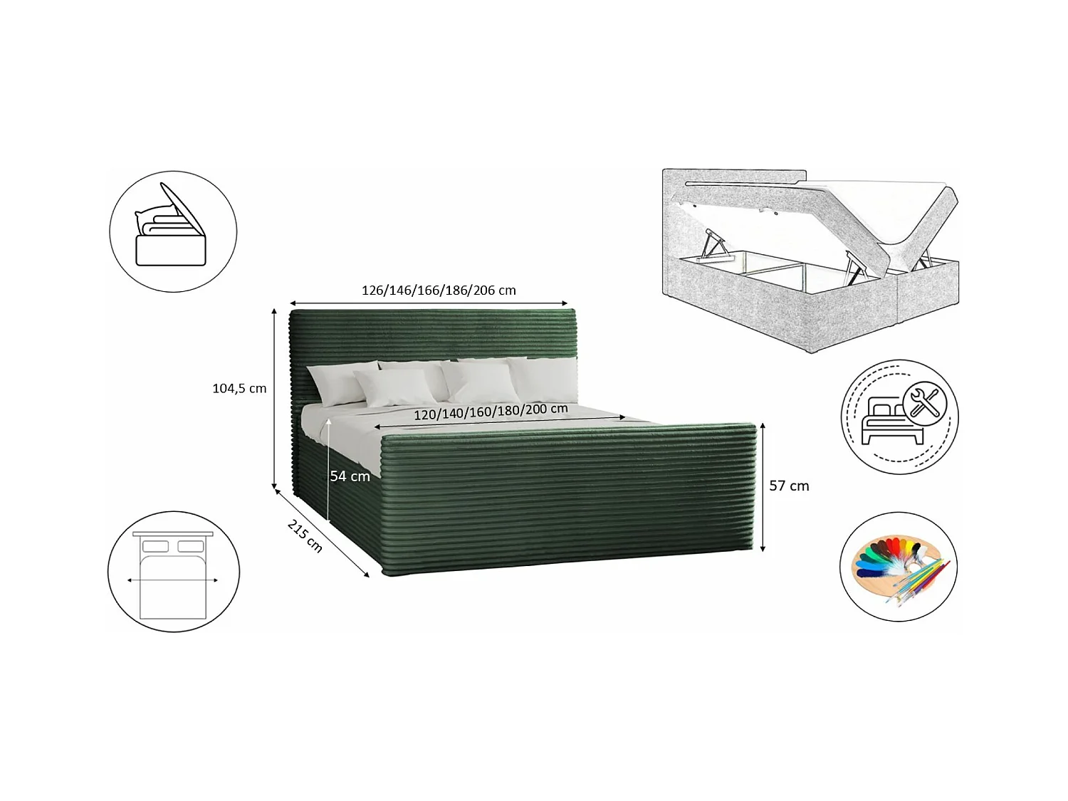 Lit à sommier tapissier avec sommier et surmatelas TRENTO en tissu peluche 200x200 cm vert H3-Bonell
