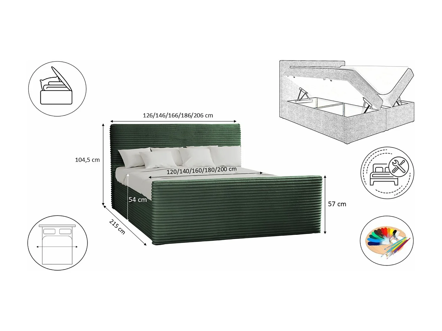 Lit à sommier tapissier avec sommier et surmatelas TRENTO en tissu peluche 200x200 cm vert H3-Bonell