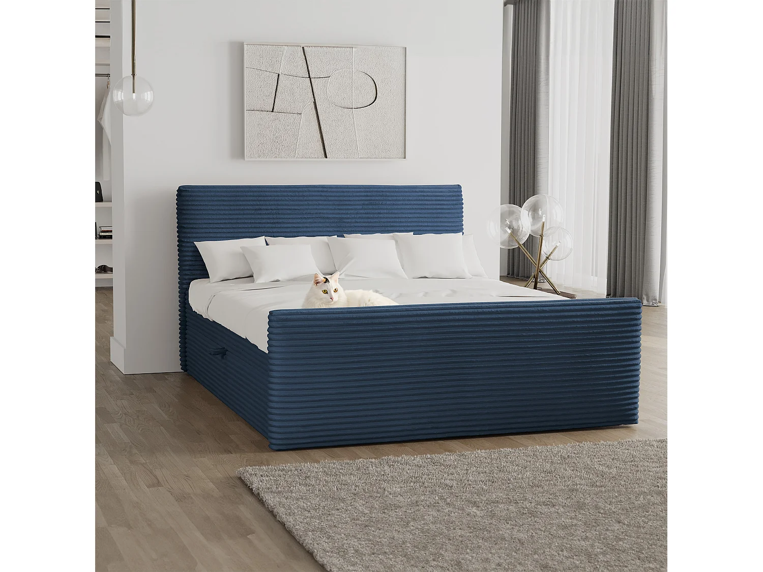 Lit à sommier tapissier avec sommier et surmatelas TRENTO en tissu peluche 180x200 cm bleu foncé H3-Bonell