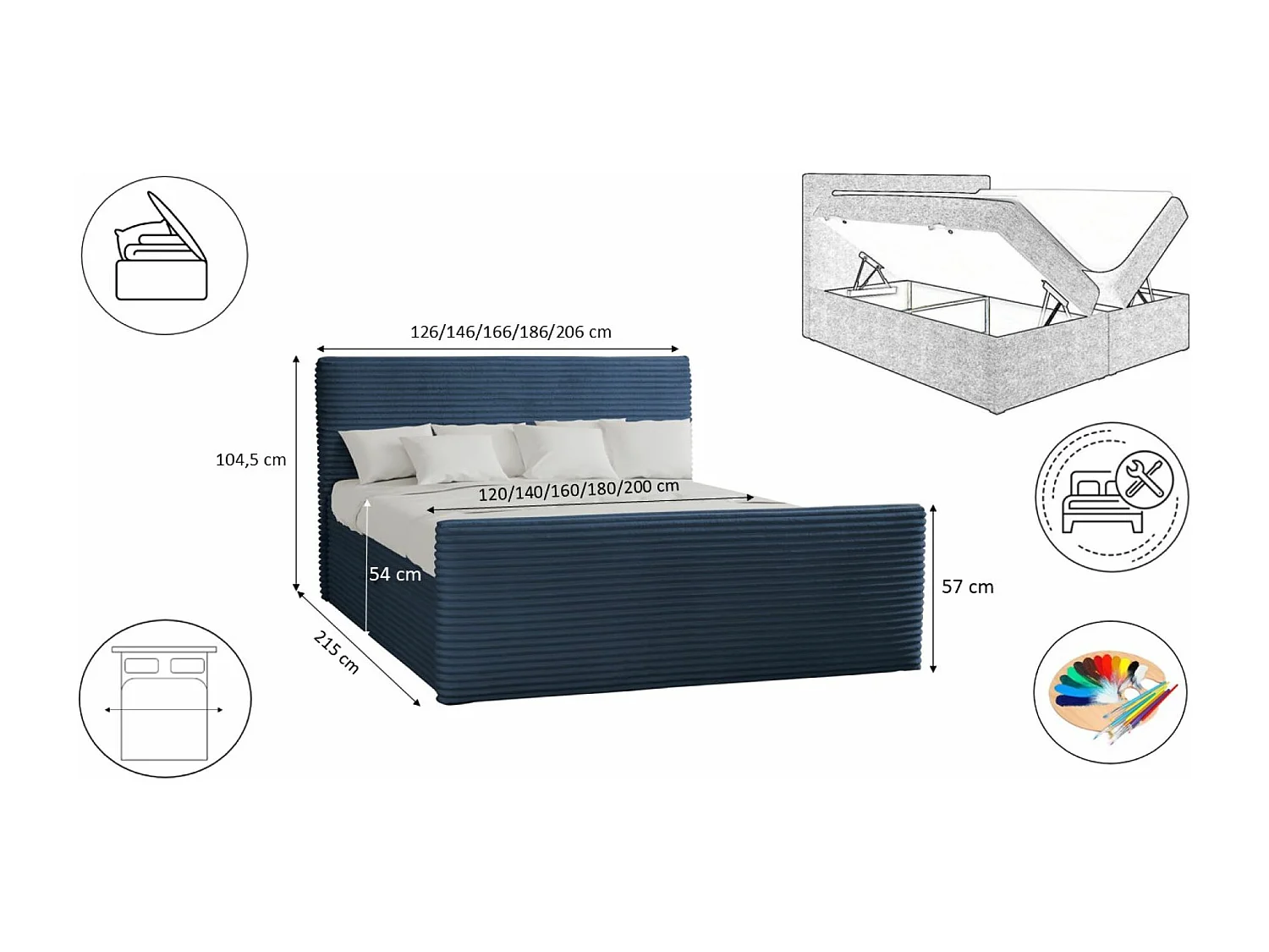 Lit à sommier tapissier avec sommier et surmatelas TRENTO en tissu peluche 180x200 cm bleu foncé H3-Bonell