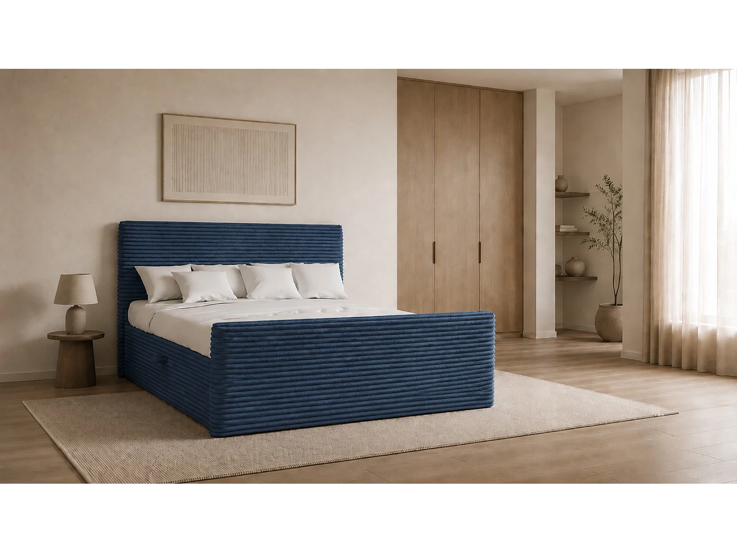 Boxspringbett mit bettkasten und topper TRENTO stoff  Plüsch Cord 180x200 cm Dunkelblau H3-Bonell
