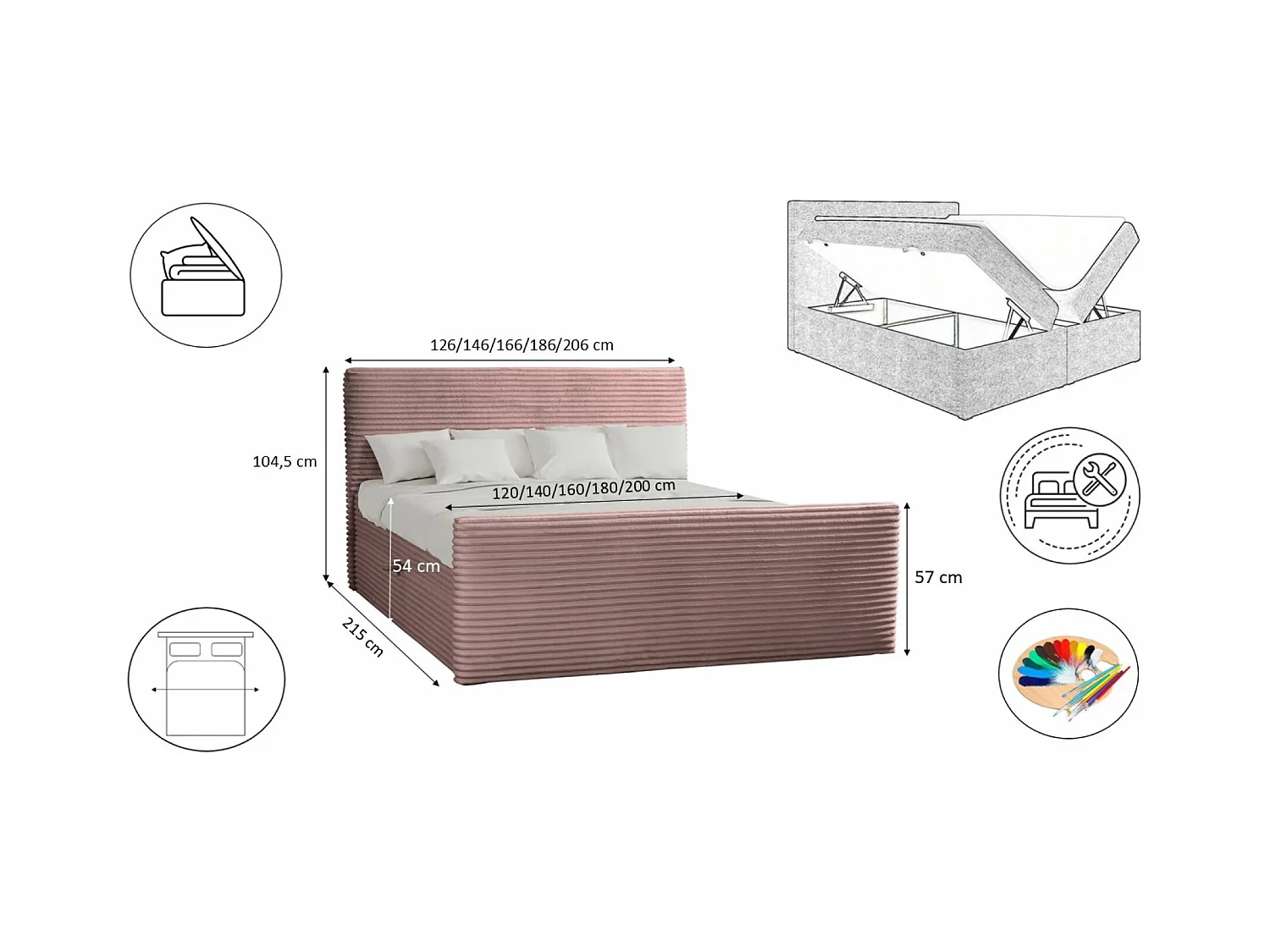 Lit à sommier tapissier avec sommier et surmatelas TRENTO en tissu peluche 140x200 cm rose H3-Bonell