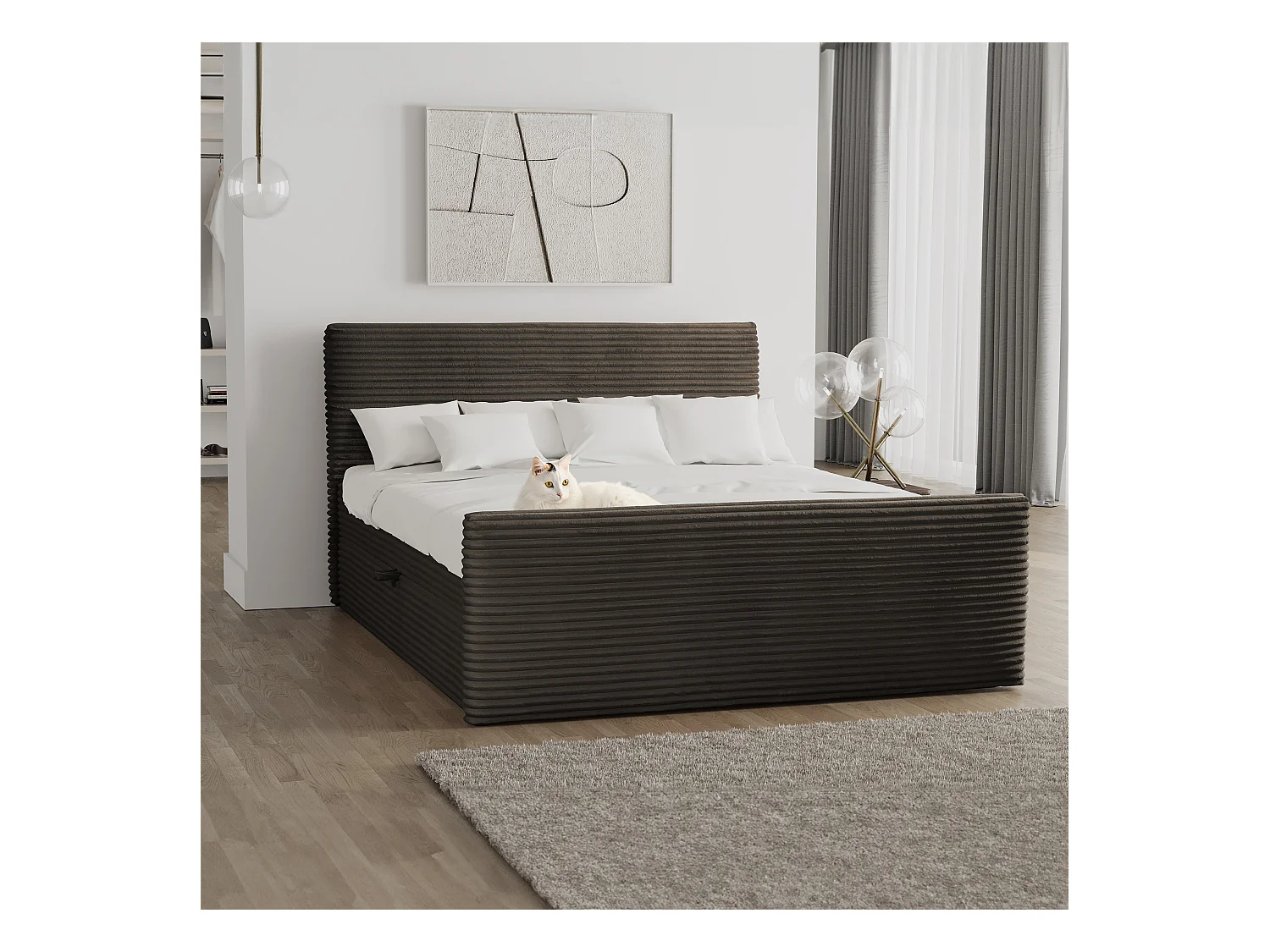Lit à sommier tapissier avec sommier et surmatelas TRENTO en tissu peluche cordon 180x200 cm marron H3-Bonell