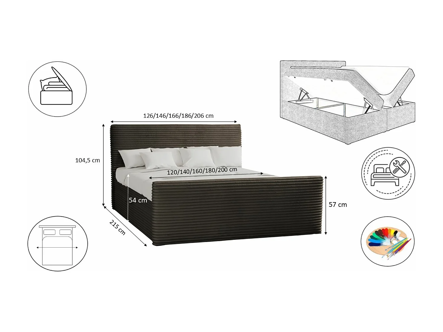Lit à sommier tapissier avec sommier et surmatelas TRENTO en tissu peluche cordon 180x200 cm marron H3-Bonell