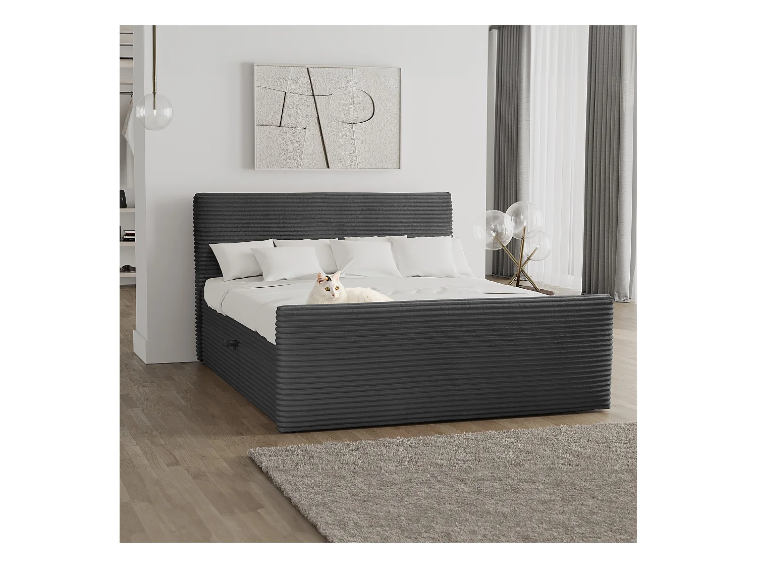 Letto box spring con rete e topper TRENTO tessuto peluche cordoncino 140x200 cm grafite H3-Bonell