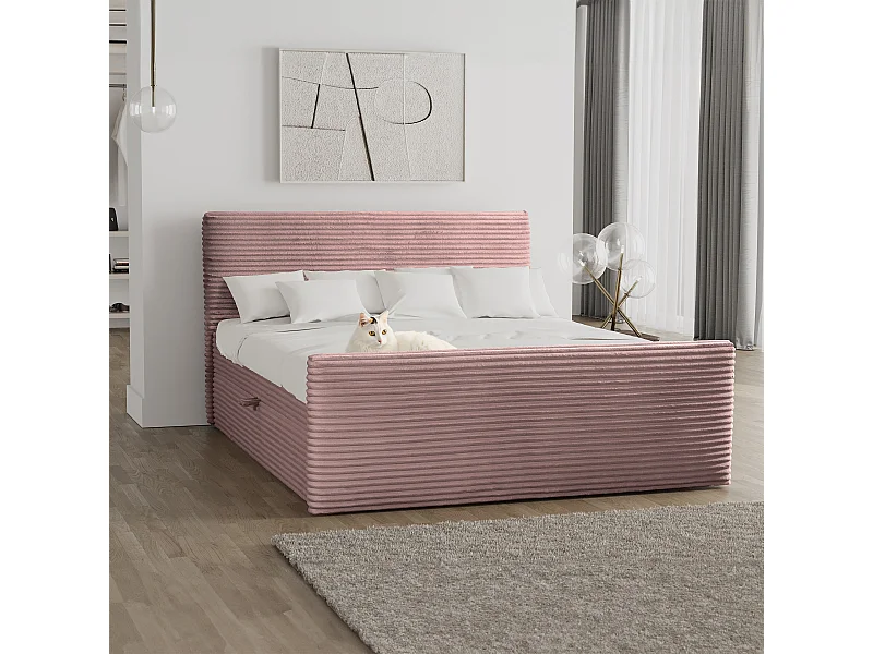 Letto box spring con contenitore e topper TRENTO tessuto peluche cordoncino 180x200 cm rosa H3-Bonell