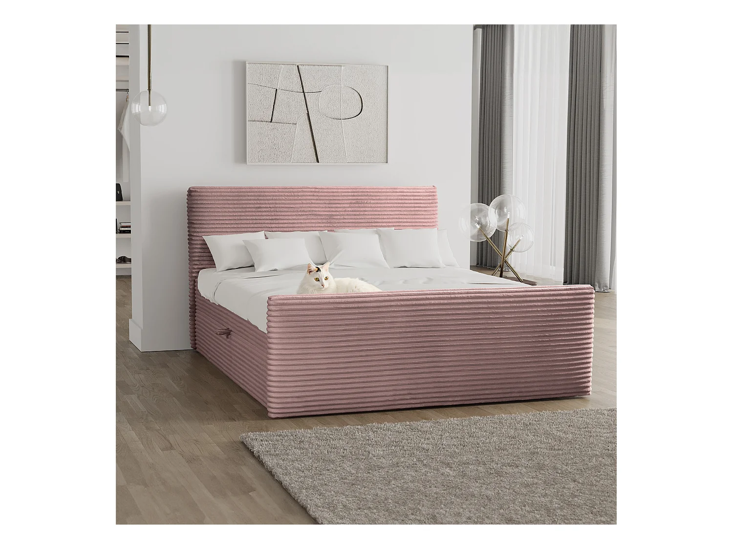 Letto box spring con contenitore e topper TRENTO tessuto peluche cordoncino 180x200 cm rosa H3-Bonell